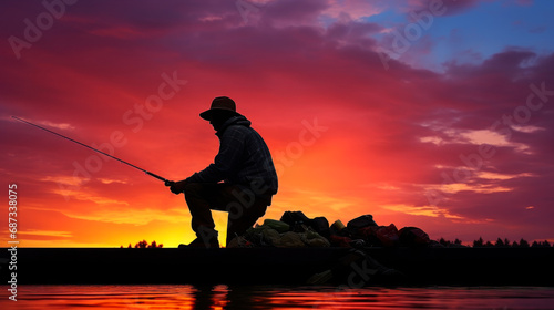 silhouette of a fisherman with a fishing rod against the background of a crimson sunset sky generative ai