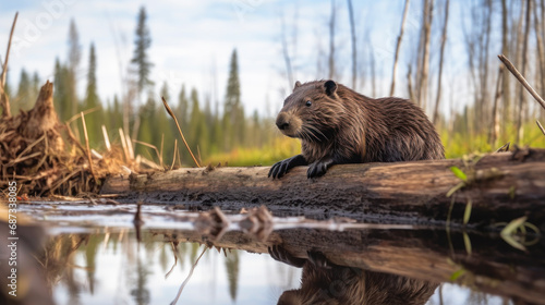 beaver builds a dam on the water generative ai photo