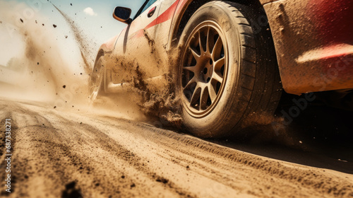 rally competition, dust from under the wheels of a sports car generative ai photo