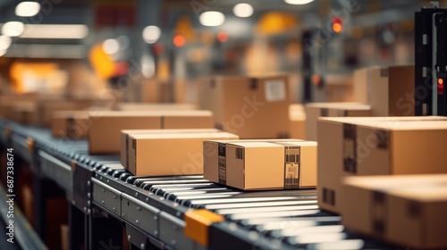 a conveyor belt in what appears to be a distribution warehouse, with multiple cardboard boxes in focus in the foreground. warm lighting suggests an active, industrious atmosphere, during late shift