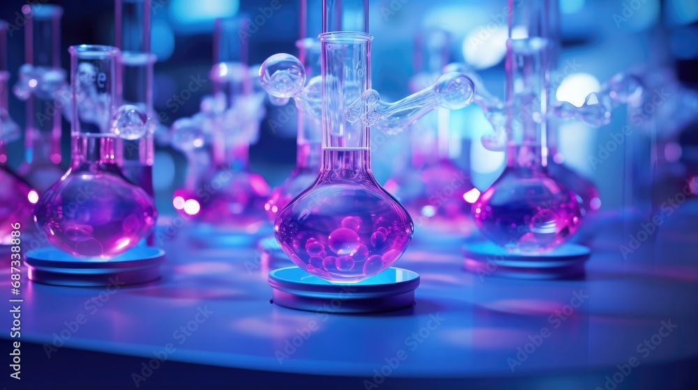 A group of glass flasks sitting on top of a table. Generative AI. A group of glass flasks sitting on top of a table. Generative AI.
