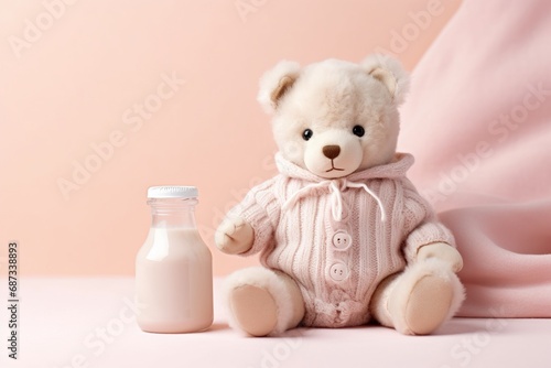 Cute little bear in baby clothes and milk bottle