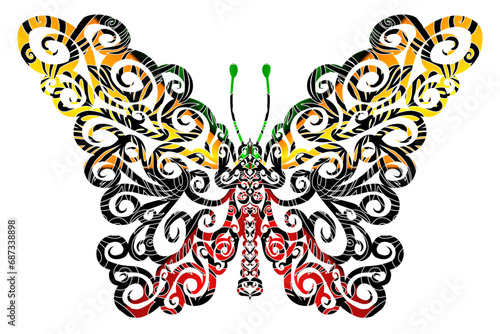 The symmetrical butterfly vector design with dynamic gradient batik dayak flower line art in a luxurious pattern colour	