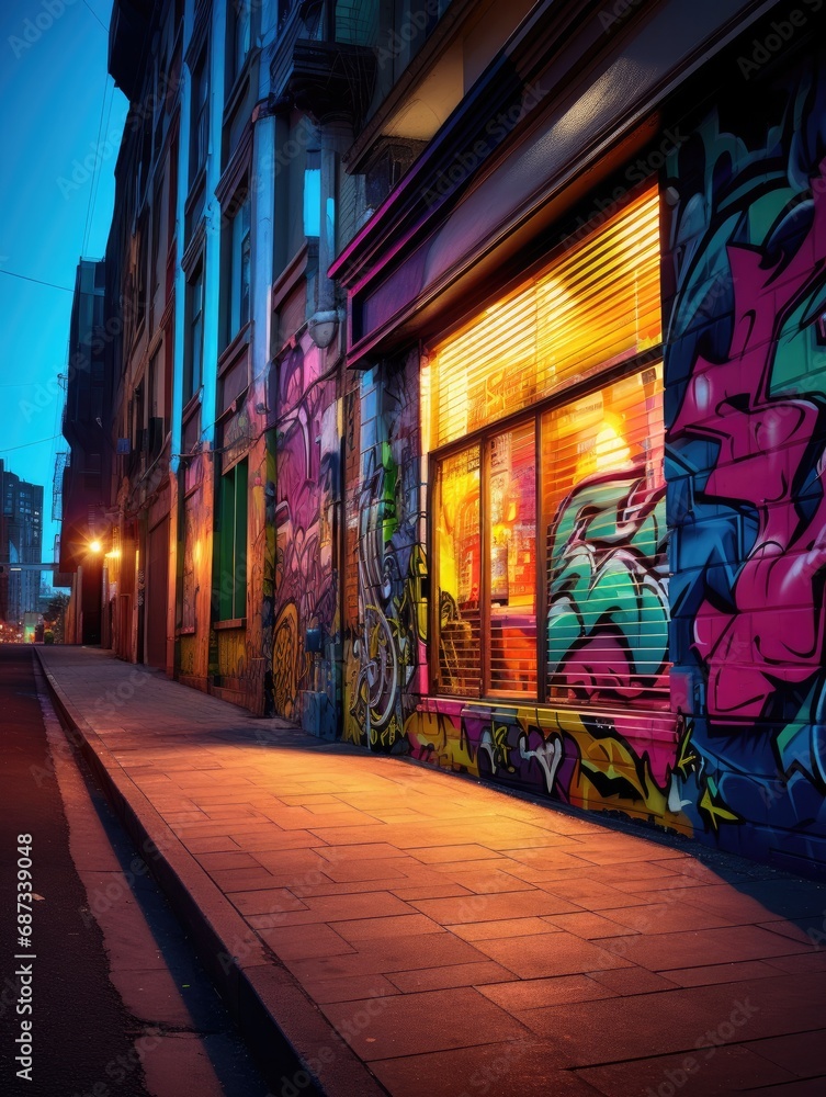 Fototapeta premium A city street with a building covered in graffiti. Generative AI.