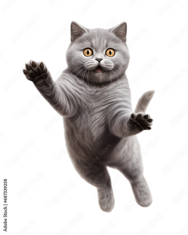 Playful British Shorthair Cat with Gray Fur and Amber Eyes Jumping with Paws Outstretched on White Background Playful British Shorthair Cat with Gray Fur and Amber Eyes Jumping with Paws Outstretched on White Background