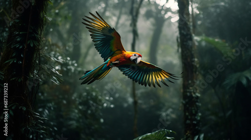 A parrot in rainforest. Low angle shot of a parrot soaring in rainforest. Wild concept. Animal concept. Bird concept. Wild life concept. Animal world concept. Tropical concept. © IC Production