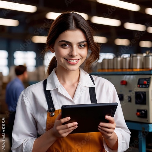 Smiling confident female supervisor in factory, holding a tablet