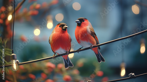 Two beautiful bright bullfinches sit on a wire on a blurry festive background of warm lights of garlands. Winter and Christmas symbols and signs, holiday banner, postcard