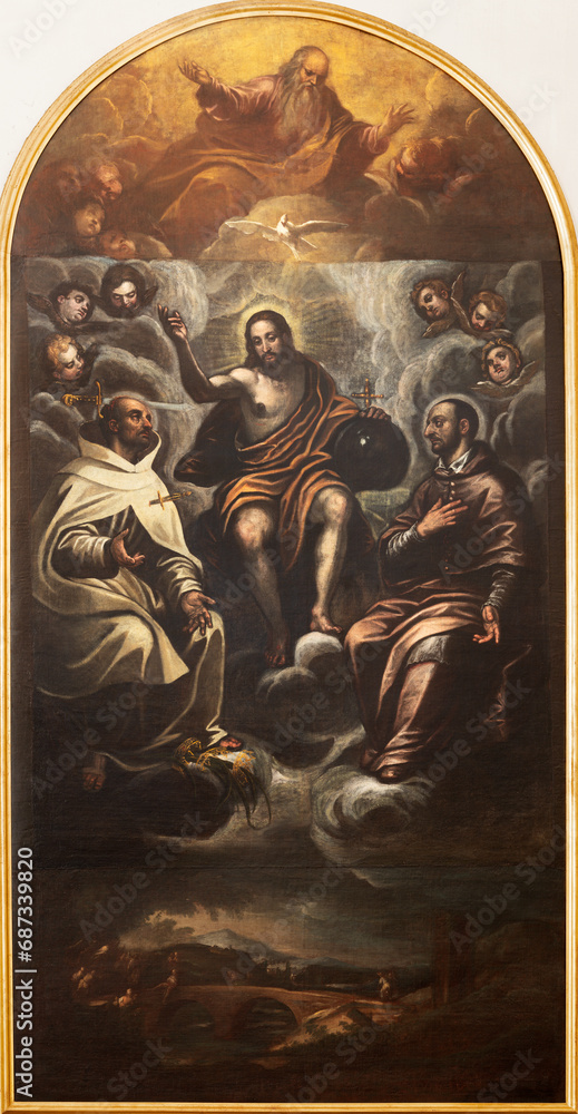 VICENZA, ITALY - NOVEMBER 7, 2023: The painting of Holy Trinity with St. Charles Borromeo and Blessed Giovanni Colombini in church Chiesa di San Marco by  Alessandro Maganza (1612).  - obrazy, fototapety, plakaty 