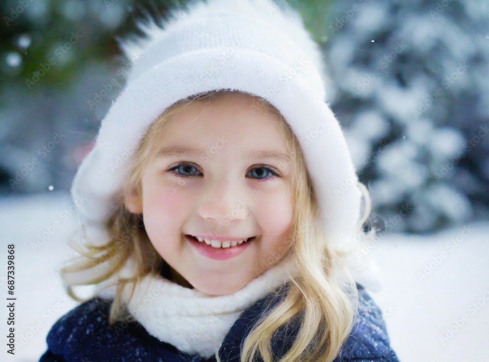 Blonde cute toddler girl at winter holiday, smiling on the snow, snowy forest outdoors Blonde cute toddler girl at winter holiday, smiling on the snow, snowy forest outdoors