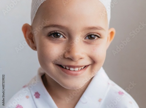 Smiling young girl after chemotherapy, Caucasian girl with cancer, face closeup, at hospital. Successful treatment concept