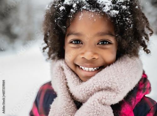 Young girl, African child playful on the snow, winter snowfall, holiday season, smiling face expression closeup. Outdoors, pines covered by snow in December