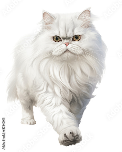 Illustration of a Majestic White Persian Cat with Fluffy Fur Walking Confidently