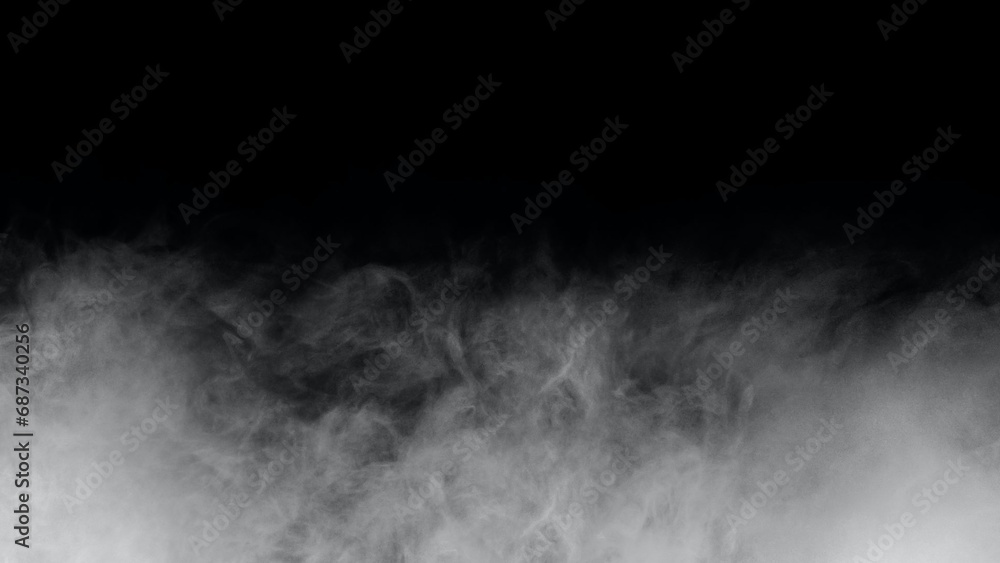 White smoke or fog isolated on black background. Soft Fog  on Dark Backdrop. Realistic Atmospheric Gray Smoke on Black Background.