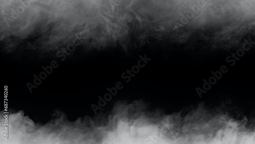 White smoke or fog isolated on black background. Soft Fog on Dark Backdrop. Realistic Atmospheric Gray Smoke on Black Background.