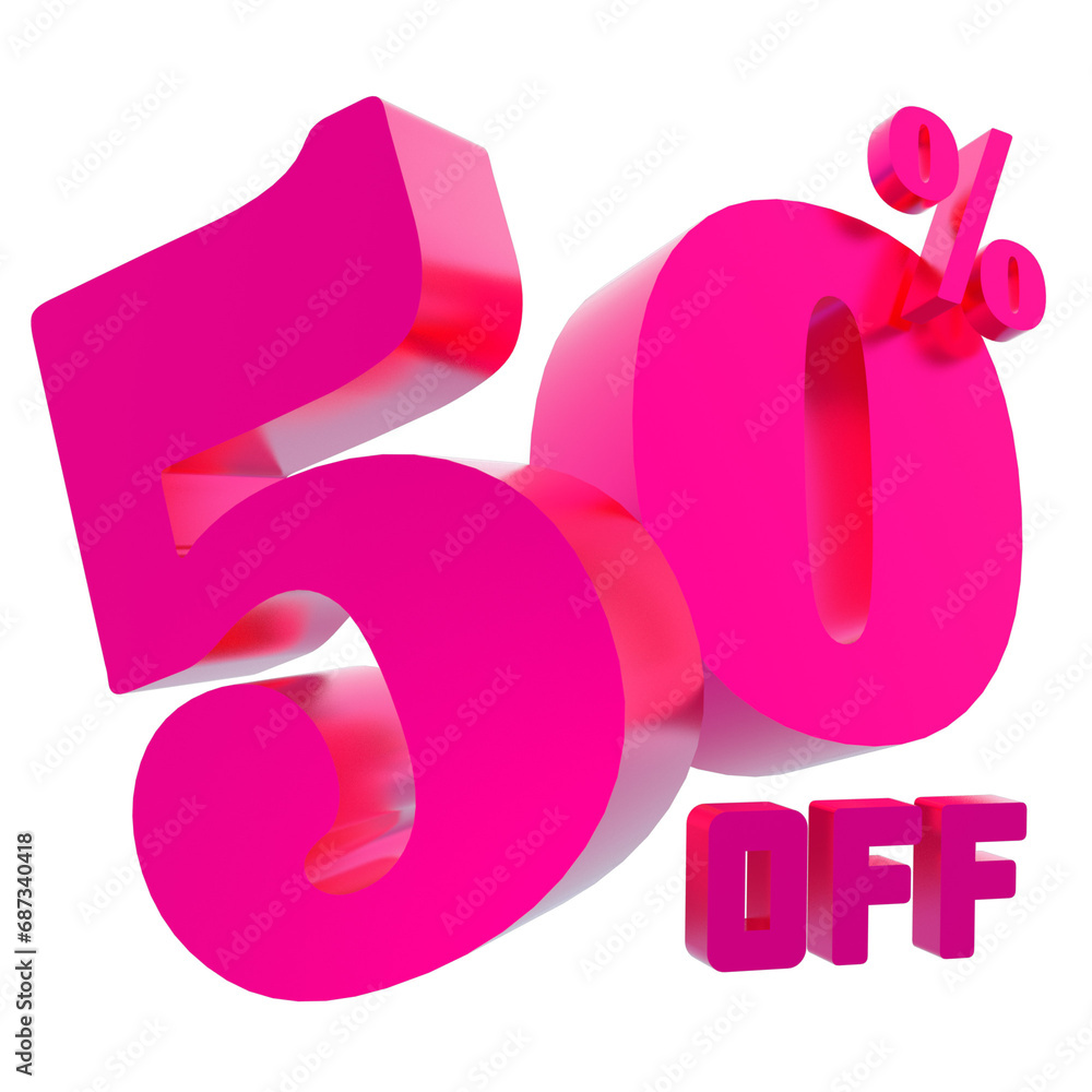Pink fifty percent isolated on white. Fifty 50% income or 50% off on sale concept. 3d rendering illustration Pink fifty percent isolated on white. Fifty 50% income or 50% off on sale concept. 3d rendering illustration