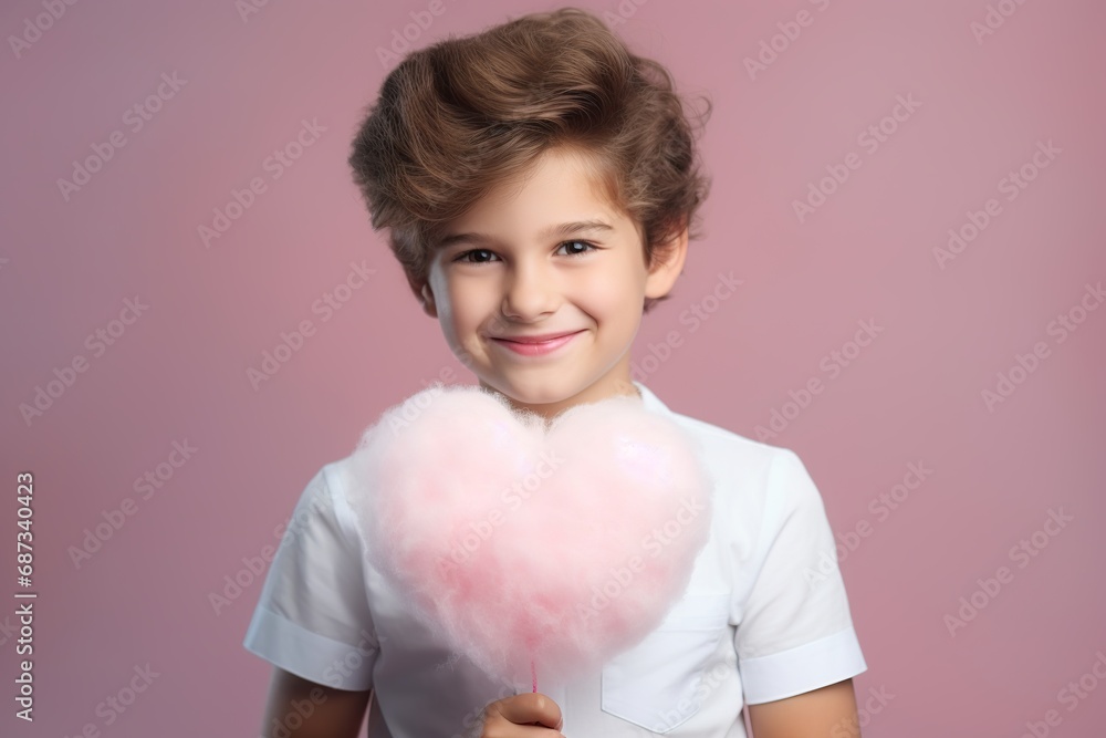 Happy kid holding cotton Candy Heart shaped on parc, cotton Candy day celebration, Generative Ai Happy kid holding cotton Candy Heart shaped on parc, cotton Candy day celebration, Generative Ai