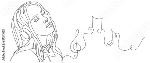 line art drawing of Woman listening to music . headphones musical sound wave vector illustration concept.