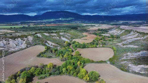 Aerial view from a drone of the agricultural landscape around the Aragón River near the Yesa Reservoir and the Aragón River. Jacetania region. Mianos. Huesca. Aragon. Spain. Europe photo