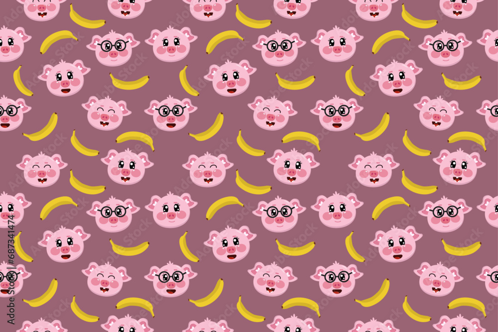 Fototapeta premium Cute seamless pattern with kawaii pig, piggy, swine, piglet with banana fruit. Design for nursery, for clothes, for sleep, for fabrics, for kids
