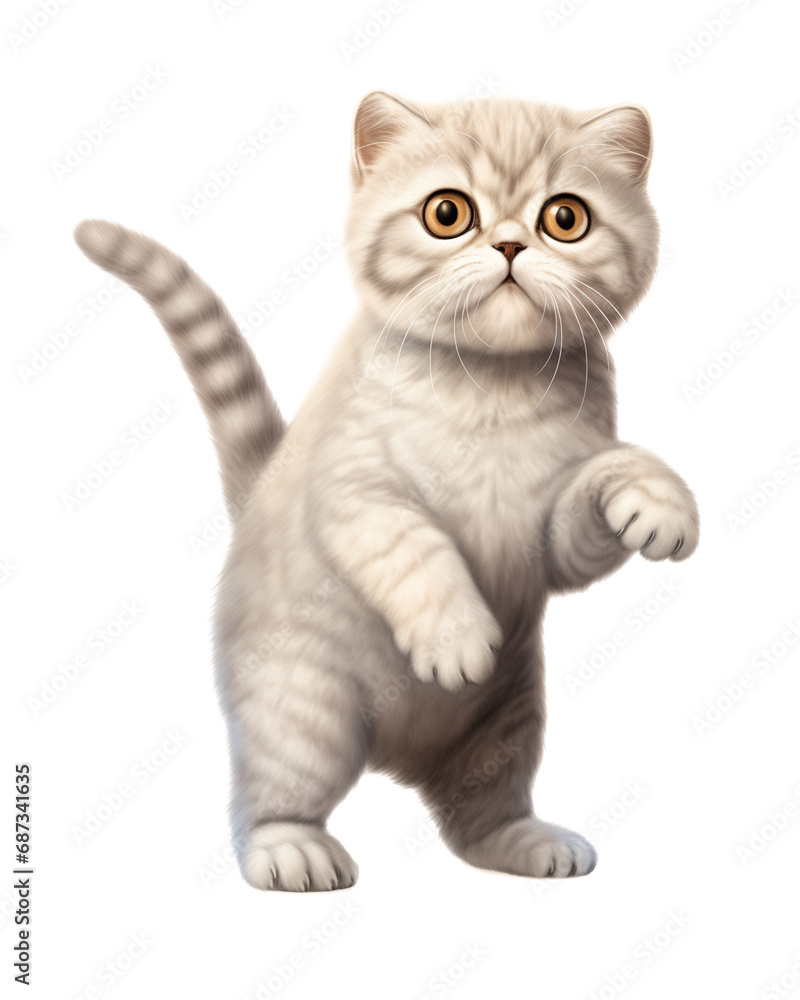 Adorable British Shorthair Kitten with Creamy Gray Fur and Amber Eyes Standing Upright on White Background Adorable British Shorthair Kitten with Creamy Gray Fur and Amber Eyes Standing Upright on White Background