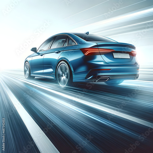 Rear view of a blue business car moving at high speed, showcasing speed and efficiency.