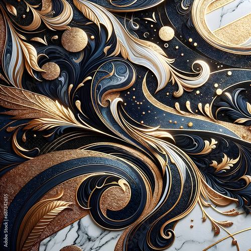 Abstract background with dark blue and gold patterns, representing a luxurious and elegant design. photo
