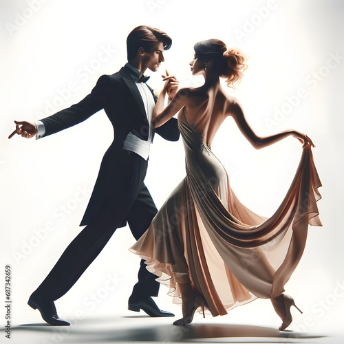 Elegant couple dancing in evening dress, depicting a romantic and graceful dance moment.