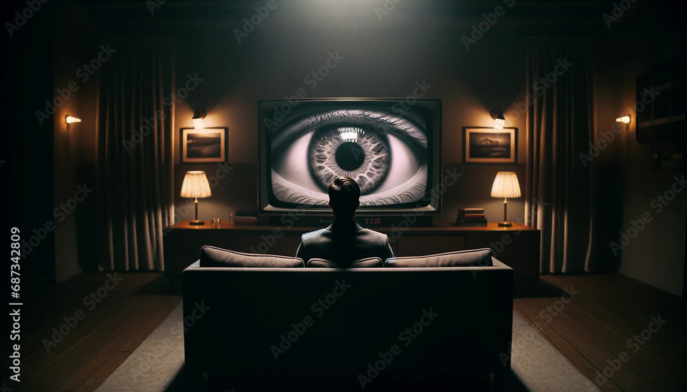 AI-Generated Image: Man Watching TV with an Eye Inside - obrazy, fototapety, plakaty 