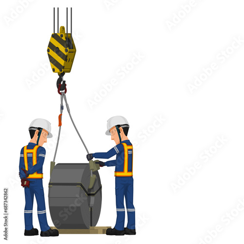 Two workers are working with crane