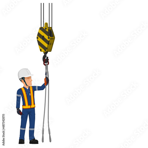 A worker is checking tag of wire rope sling on white background