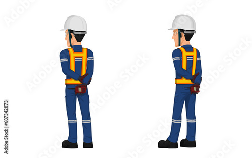 Industrial worker is holding walkie talkie on white background
