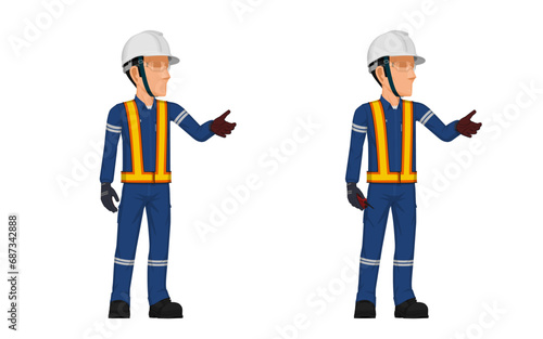 Industrial worker is presenting something on white background
