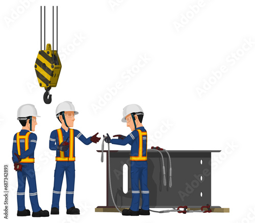 Three workers are working with crane
