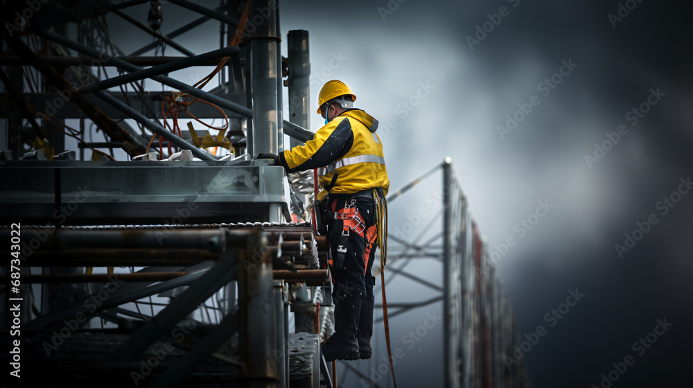 Electrician working at high voltage power line. Concept of work on high ground heavy industry
