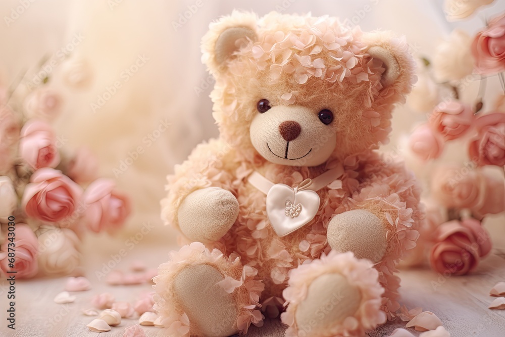 Obraz premium teddy bear with flowers and hearts in fluffy paws Teddy Bear with heart Valentines teddy bear