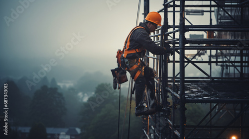 Electrician working at high voltage power line. Concept of work on high ground heavy industry photo