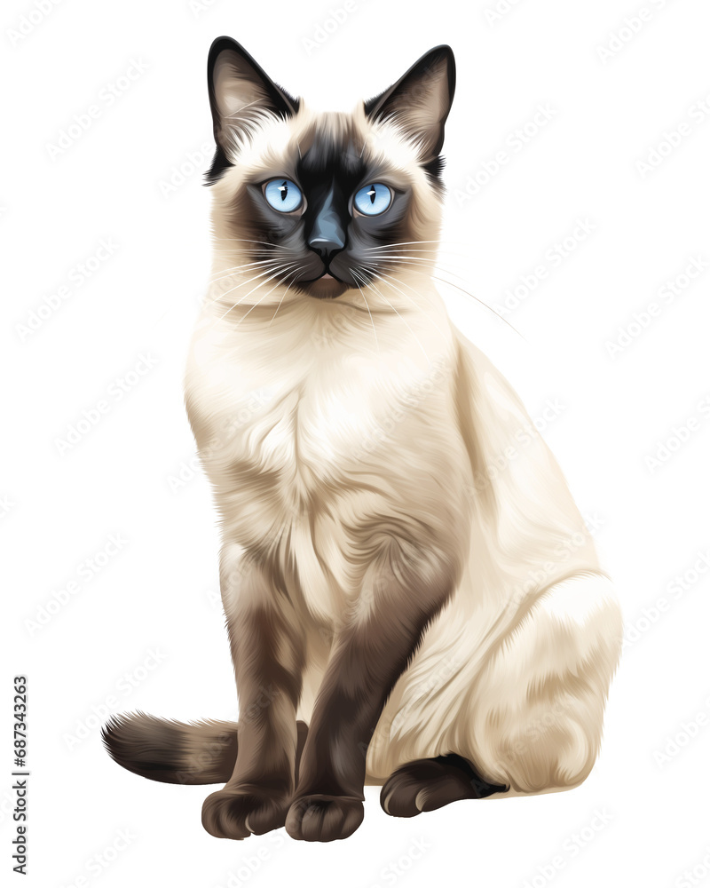 Majestic Siamese Cat with Striking Blue Eyes Front View Illustration