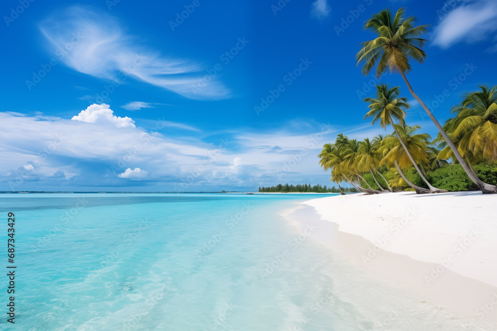 Beautiful beach with white sand, turquoise ocean, blue sky with clouds and palm tree over the water on a Sunny day. Maldives