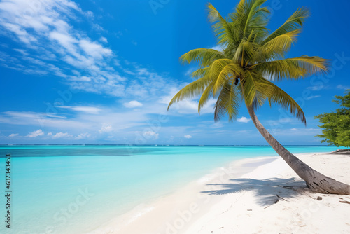 Beautiful beach with white sand, turquoise ocean, blue sky with clouds and palm tree over the water on a Sunny day. Maldives