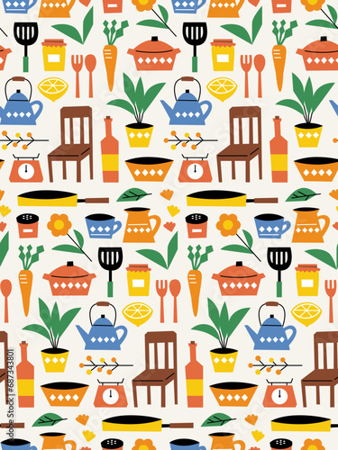 seamless pattern of kitchen and living room