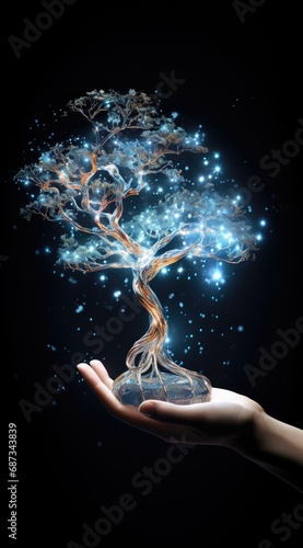 Hand holding a glowing tree surrounded by stars