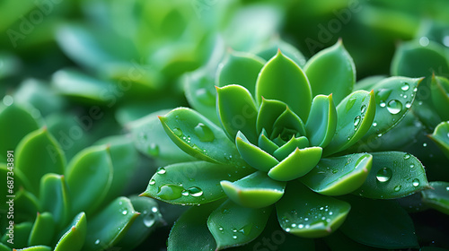 Sedum telephium, Crassulaceae or stonecrop with drops of water, close up, Close up of a green plant with water drops, succulent plant, background, created using generative AI tThe Rosette Shapools, 

 photo