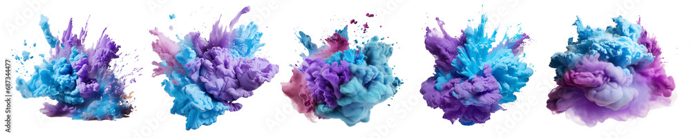 Naklejka premium Set of blue, aqua and violet colored smoke explosion. Colorful holi paint blast isolated on transparent background. Generative AI