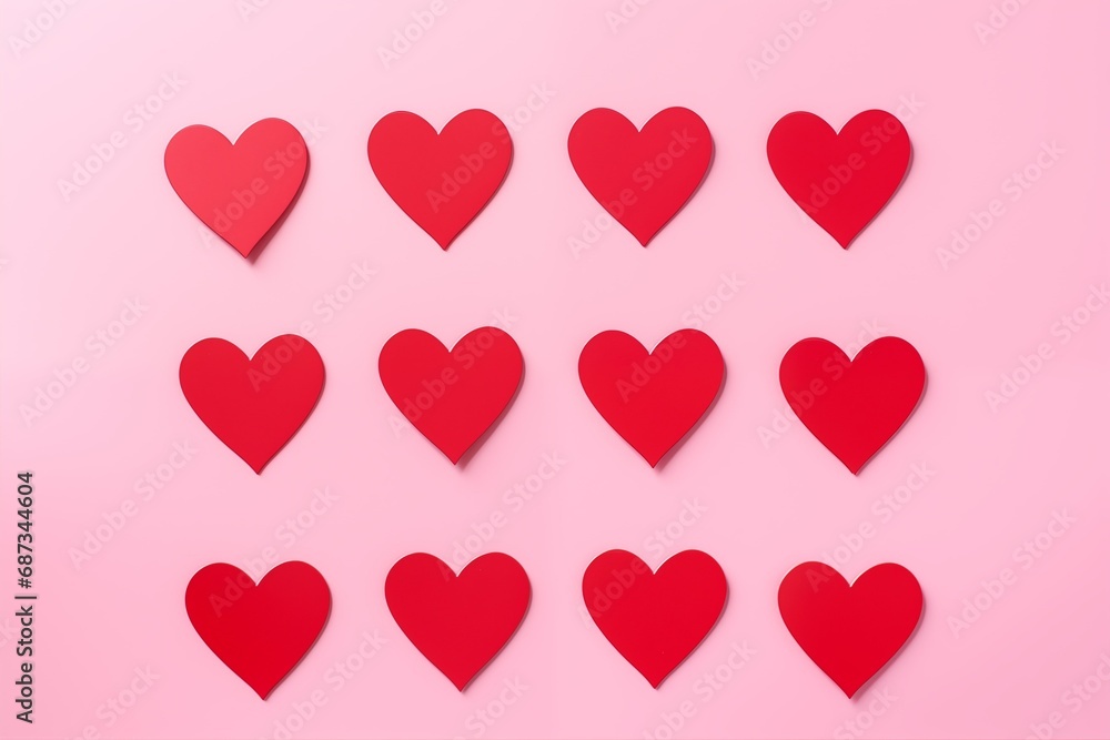 red heart-shaped stickers on a pink background. Generative AI