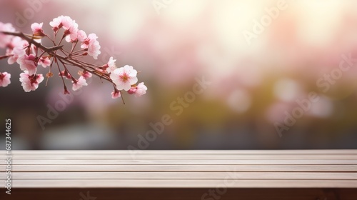 Empty wood table top with blur sakura branch in Japanese Zen Garden