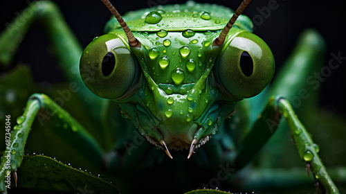 closeup of green grasshopper head isolated on black background made with AI generative technology, mantis closeup face photo with macro technology, Portrait of green grasshoper, macro photography, s

 photo