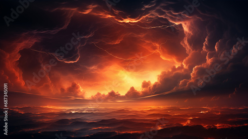 fire, sky, sunset, flame, cloud, heat, red, clouds, orange, burn, smoke, sun, light, hot, burning, abstract, flames, nature, explosion, night, lava, sunrise, danger, inferno, black, generative, ai