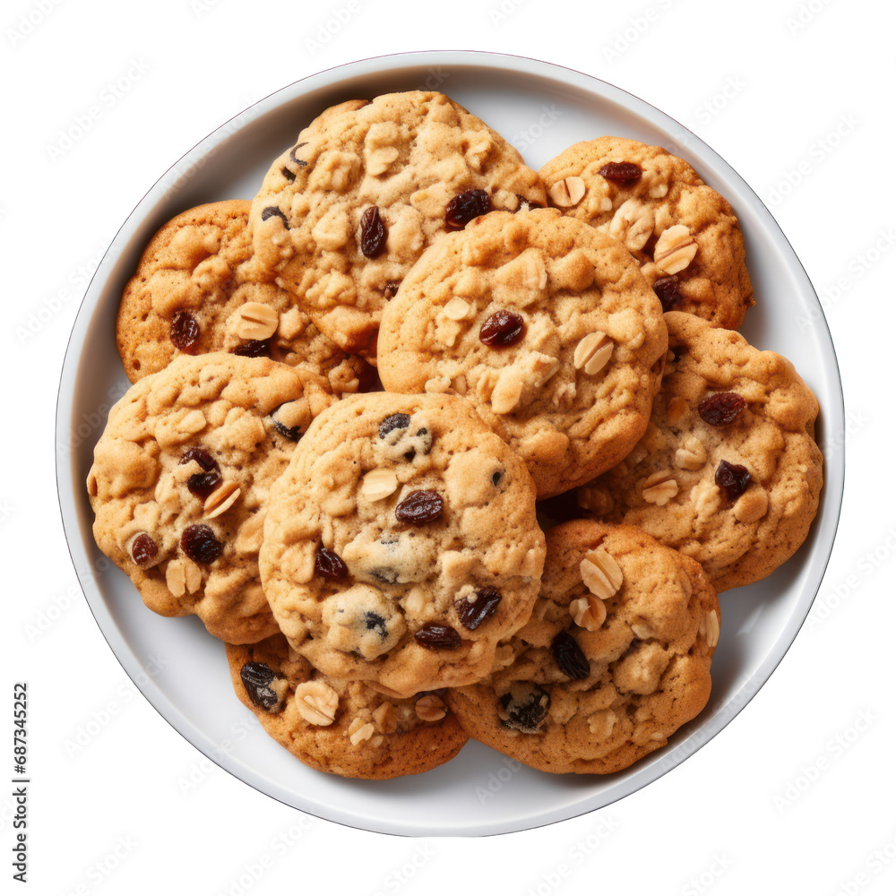 Top View of Oatmeal Raisin Cookies Isolated on Transparent or White Background, PNG