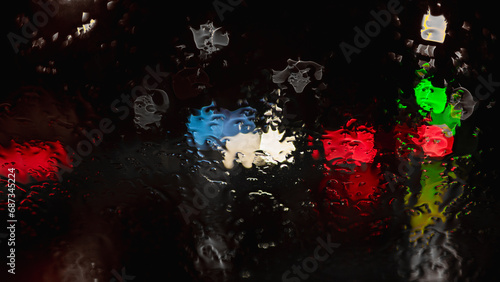 Water and rain drops on the glass, abstract view. night city bokeh © Jurii